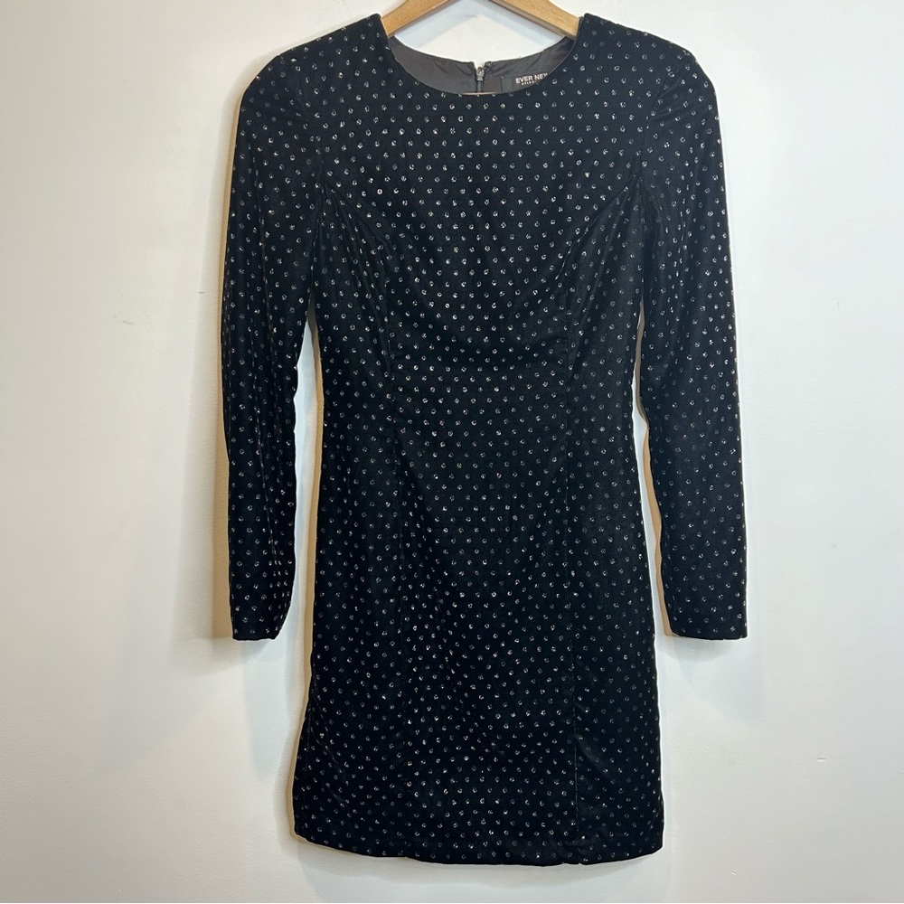 Ever New Black Velvet Long Sleeve Mini Dress with Silver Sparkles